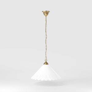 Classic pendant lamp with white pierced ceramic shade floral patterns and brass chain by Ghidini 1849 - Finish: OBS Bronze Satin Brass