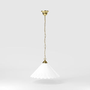 Classic pendant lamp with white pierced ceramic shade floral patterns and brass chain by Ghidini 1849 - Finish: OLV Polished Brass