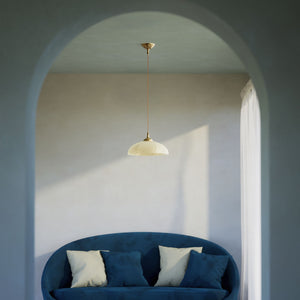 Art Nouveau brass pendant light with floral decorated canopy and large dome-shaped frosted glass diffuser with geometric pattern by Ghidini 1849 - Finish: OBS Bronze Satin Brass