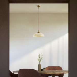 Art Nouveau brass pendant light with floral decorated canopy and large dome-shaped frosted glass diffuser with geometric pattern by Ghidini 1849 - Finish: OBS Bronze Satin Brass