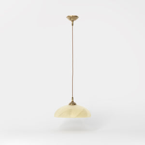 Art Nouveau brass pendant light with floral decorated canopy and large dome-shaped frosted glass diffuser with geometric pattern by Ghidini 1849 - Finish: OBS Bronze Satin Brass