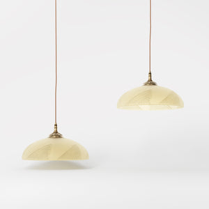 Art Nouveau brass pendant light with floral decorated canopy and large dome-shaped frosted glass diffuser with geometric pattern by Ghidini 1849 - Finish: OBS Bronze Satin Brass