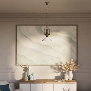 Brass pendant lamp with decorative chain glossy white glass shade industrial design style Made in Italy by Ghidini 1849 - Finish: OAS Antique Brass
