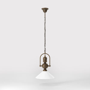 Brass pendant lamp with decorative chain glossy white glass shade industrial design style Made in Italy by Ghidini 1849 - Finish: OBM Bronze Satin Matt Brass