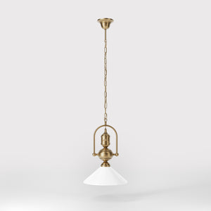Brass pendant lamp with decorative chain glossy white glass shade industrial design style Made in Italy by Ghidini 1849 - Finish: OBS Bronze Satin Brass