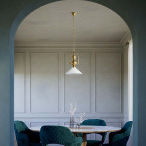 Brass pendant lamp with decorative chain glossy white glass shade industrial design style Made in Italy by Ghidini 1849 - Finish: OBS Bronze Satin Brass