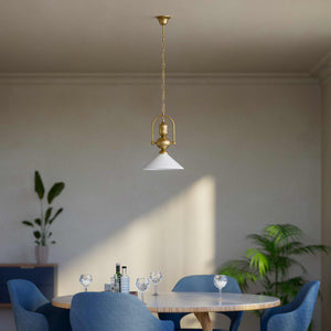 Brass pendant lamp with decorative chain glossy white glass shade industrial design style Made in Italy by Ghidini 1849 - Finish: OBS Bronze Satin Brass
