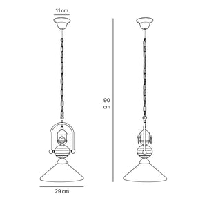 Brass pendant lamp with decorative chain glossy white glass shade industrial design style Made in Italy by Ghidini 1849