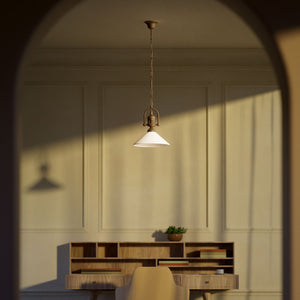 Pendant light with decorative brass chain and nautical style lantern white glass shade Made in Italy design by Ghidini 1849 - Finish: OBM Bronze Satin Matt Brass