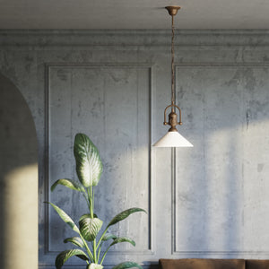 Pendant light with decorative brass chain and nautical style lantern white glass shade Made in Italy design by Ghidini 1849 - Finish: OBM Bronze Satin Matt Brass