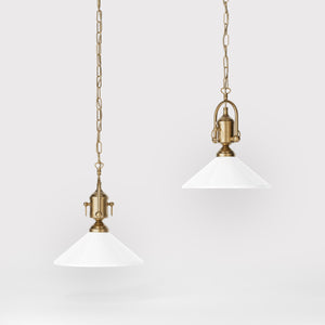 Pendant light with decorative brass chain and nautical style lantern white glass shade Made in Italy design by Ghidini 1849 - Finish: OBS Bronze Satin Brass
