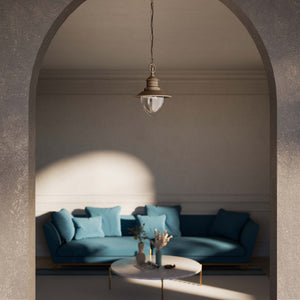 Brass pendant lamp with adjustable chain and glass diffuser, Italian design inspired by historic pier lanterns by Ghidini 1849 - Finish: OBM Bronze Satin Matt Brass