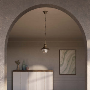 Brass pendant lamp with adjustable chain and glass diffuser, Italian design inspired by historic pier lanterns by Ghidini 1849 - Finish: OBM Bronze Satin Matt Brass