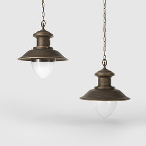 Outdoor pendant lamp in brass with teardrop-shaped glass shade. Nautical design and adjustable chain. Ideal for porches and gardens by Ghidini 1849 - Finish: OBM Bronze Satin Matt Brass