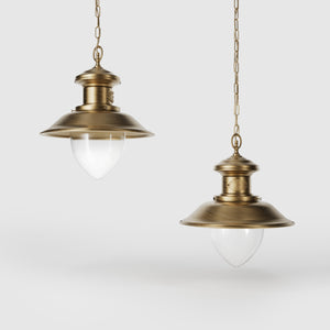 Outdoor pendant lamp in brass with teardrop-shaped glass shade. Nautical design and adjustable chain. Ideal for porches and gardens by Ghidini 1849 - Finish: OBS Bronze Satin Brass