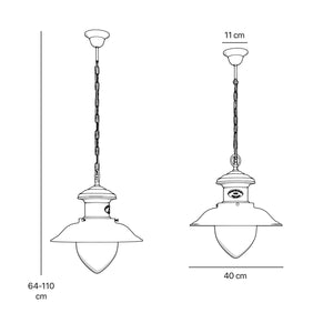 Outdoor pendant lamp in brass with teardrop-shaped glass shade. Nautical design and adjustable chain. Ideal for porches and gardens by Ghidini 1849