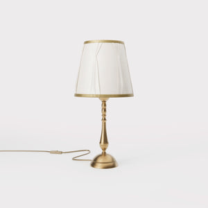 Classic brass table lamp with ivory fabric shade and decorative trims, round base and turned stem by Ghidini 1849 - Dimension/Finish: Small / OBS Bronze Satin Brass