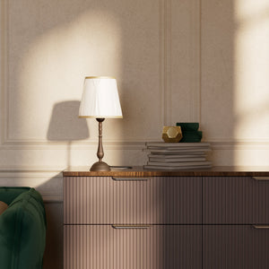 Classic brass table lamp with ivory fabric shade and decorative trims, round base and turned stem by Ghidini 1849 - Dimension/Finish: Small / OBM Bronze Satin Matt Brass