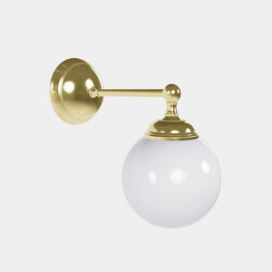 Brass wall lamp with white glass globe, vintage contemporary design for interiors by Ghidini 1849 - Finish: OLV Polished Brass