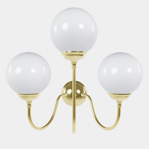 Brass wall lamp with three glossy white glass globes, elegant design, interior lighting by Ghidini 1849 - Finish: OLV Polished Brass