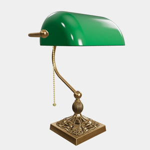 Banker’s lamp in brass with green glass shade, decorative base, and pull-chain switch. Elegant desk or decorative lighting by Ghidini 1849 - Finish: OBS Bronze Satin Brass