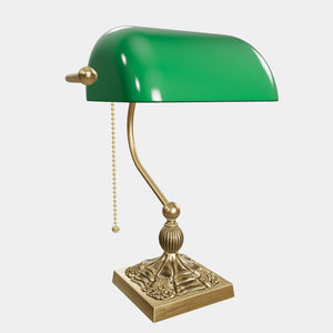 Banker’s lamp in brass with green glass shade, decorative base, and pull-chain switch. Elegant desk or decorative lighting by Ghidini 1849 - Finish: OBV Bronze Satin Light Brass