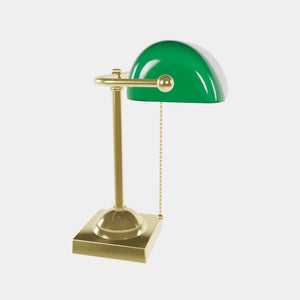 Vintage brass banker’s lamp with green shade, retro design perfect for desks and elegant offices by Ghidini 1849 - Finish: OLV Polished Brass