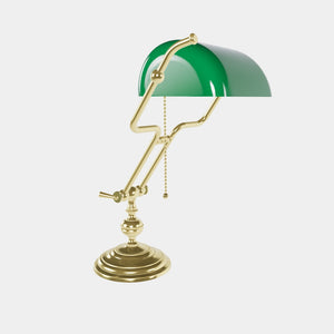 Adjustable brass Banker’s Lamp with green glass shade, classic design for office or study by Ghidini 1849 - Finish: OLV Polished Brass