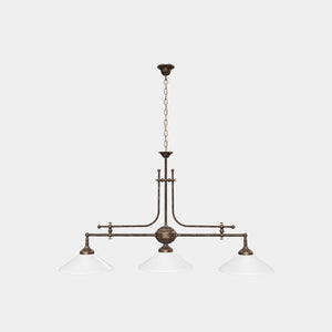 Brass chandelier with three lights, glossy white glass shades, billiard-inspired classic design, for elegant interiors by Ghidini 1849 - Finish: OAS Antique Brass