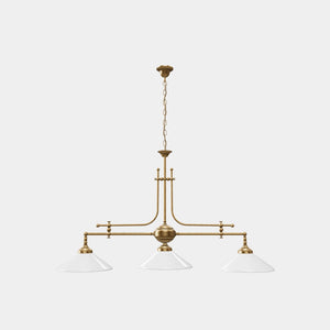 Brass chandelier with three lights, glossy white glass shades, billiard-inspired classic design, for elegant interiors by Ghidini 1849 - Finish: OBS Bronze Satin Brass