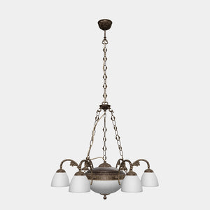 Brass chandelier with six arms and speckled white glass lampshades, classic and elegant design by Ghidini 1849 - Finish: OAS Antique Brass