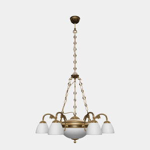 Brass chandelier with six arms and speckled white glass lampshades, classic and elegant design by Ghidini 1849 - Finish: OBS Bronze Satin Brass