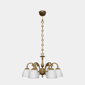 Art Nouveau brass chandelier with six arms and speckled white glass, ideal for elegant interiors by Ghidini 1849 - Finish: OBS Bronze Satin Brass