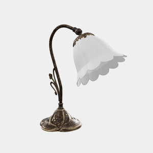 Brass table lamp with floral satin shade, Art Nouveau style by Ghidini 1849 - Finish: OAS Antique Brass