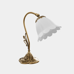 Brass table lamp with floral satin shade, Art Nouveau style by Ghidini 1849 - Finish: OBS Bronze Satin Brass