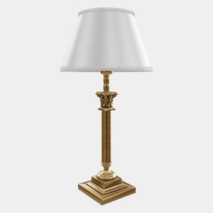 Classic brass table lamp with an ivory fabric shade, featuring an ornate column base, ideal for living rooms or office spaces by Ghidini 1849 - Finish: OBS Bronze Satin Brass