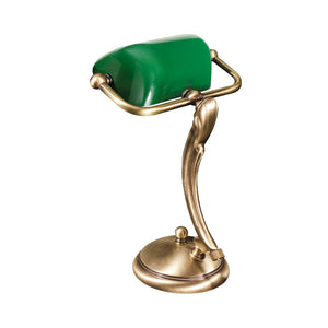 Small Bankers Lamp Green Shade Satin Brass Decorated by Ghidini 1849