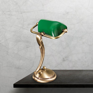 Small Bankers Lamp Green Shade Satin Brass Decorated by Ghidini 1849