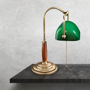 Solid Brass Bankers Lamp Wood Insert Green Glass by Ghidini 1849