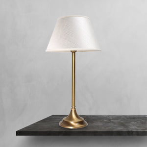 Brass table lamp with an ivory striped fabric shade, Made in Italy, timeless design by Ghidini 1849