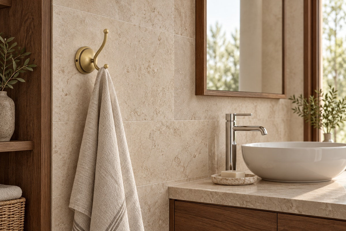 Brass Alba double hook holding a white towel beside a chrome basin tap