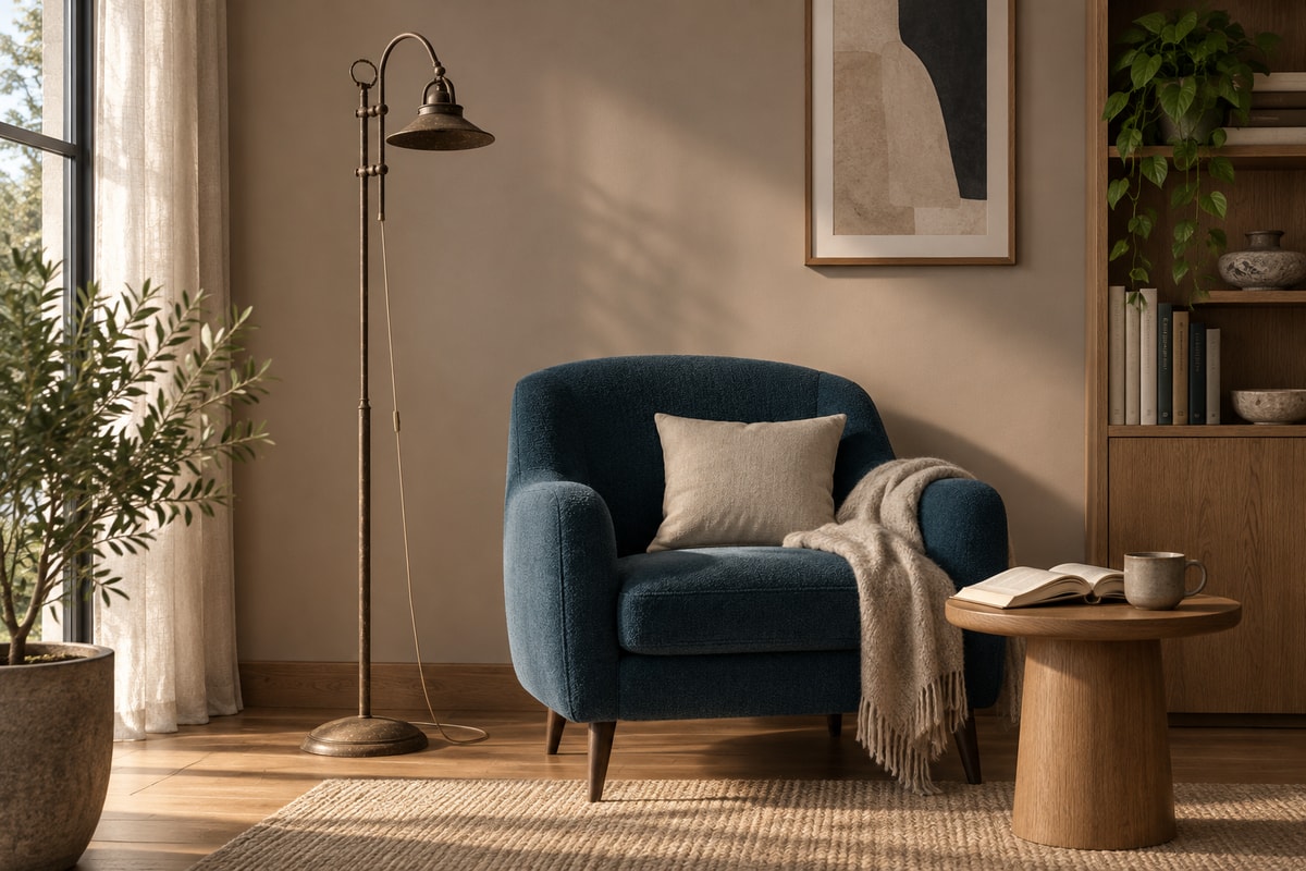 Antique-brass Alice floor lamp along the wall beside a petrol-blue reading chair