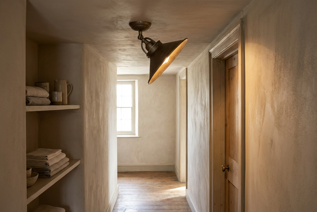 Industrial brass ceiling lamp with adjustable joint in antique brass finish in a compact transition space