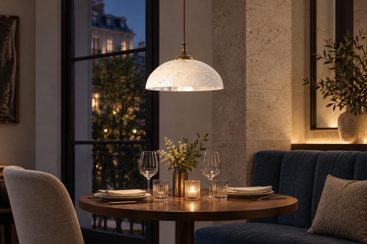 Beatrice pendant with speckled white glass above a restaurant table, with its fabric cable continuing out of frame