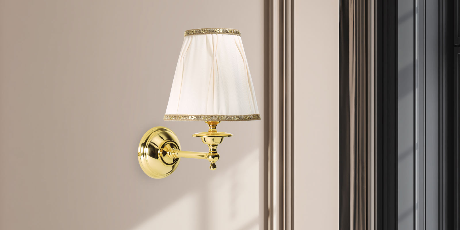 Brass wall light with fabric lampshade for bedroom near to the bed