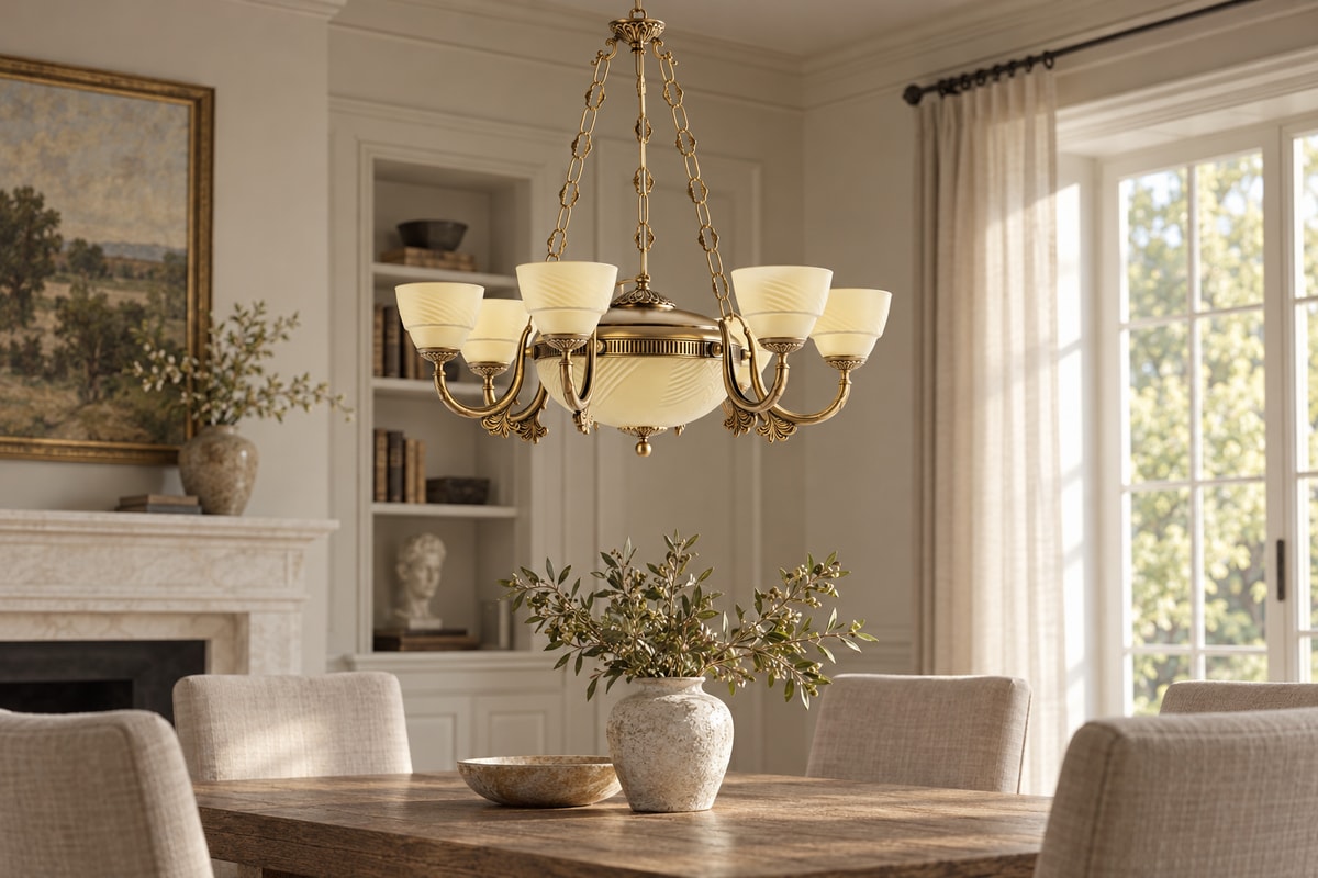 Elisa chandelier with patterned central glass bowl and ribbed brass rim in an ivory period sitting room
