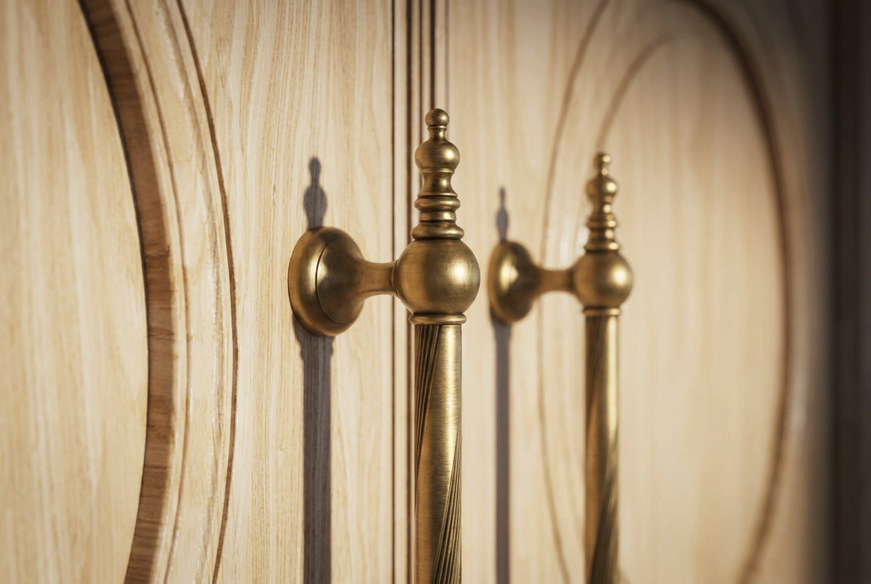 Decorative brass pull handle with bronze satin finish in an architectural editorial detail