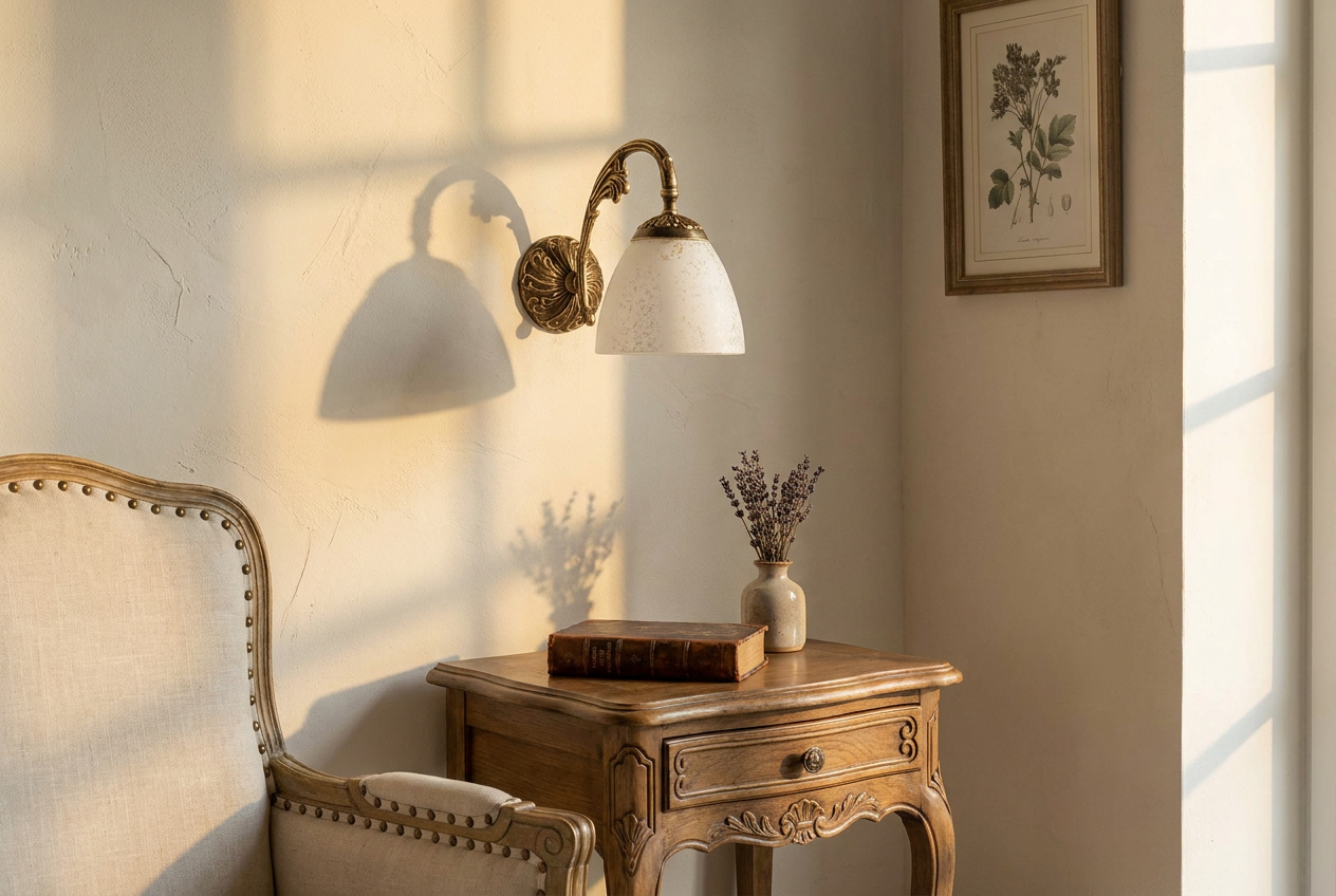 Antique brass wall light with speckled white shade in a refined bedroom or sitting corner