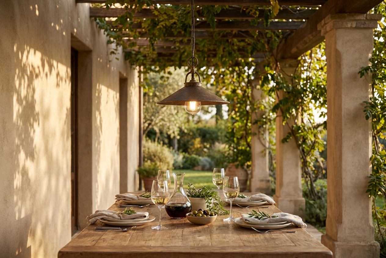 Brass outdoor pendant light above a covered table under a porch