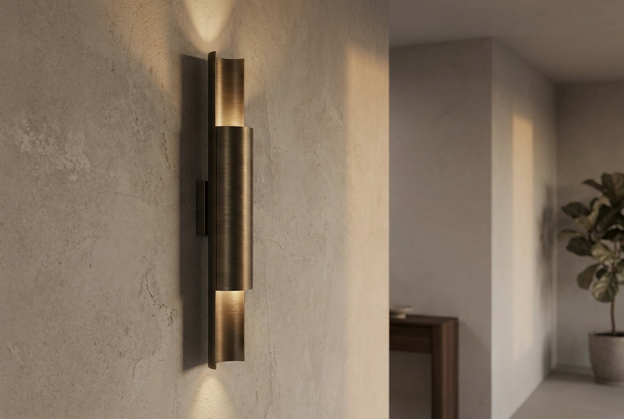 bronze satin matt brass wall lamp in a quiet contemporary hallway with warm light